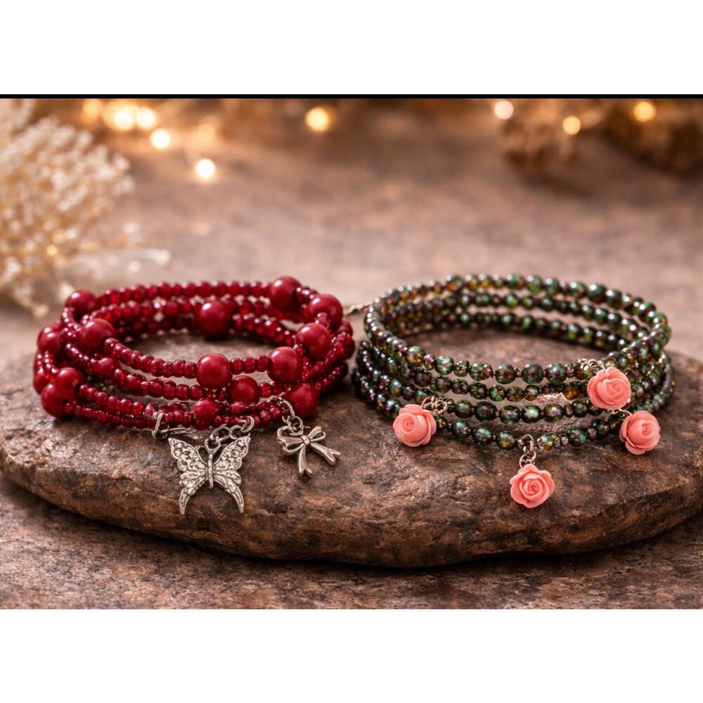 Boho Bracelet Bundle Red Charm Stack & Green Crystal Rose Set Layered Jewelry
